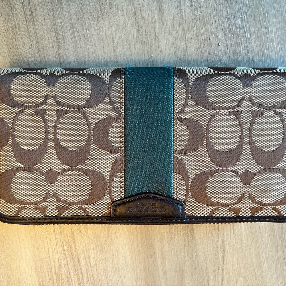 Coach Brown Signature Canvas Wallet with Teal Strap